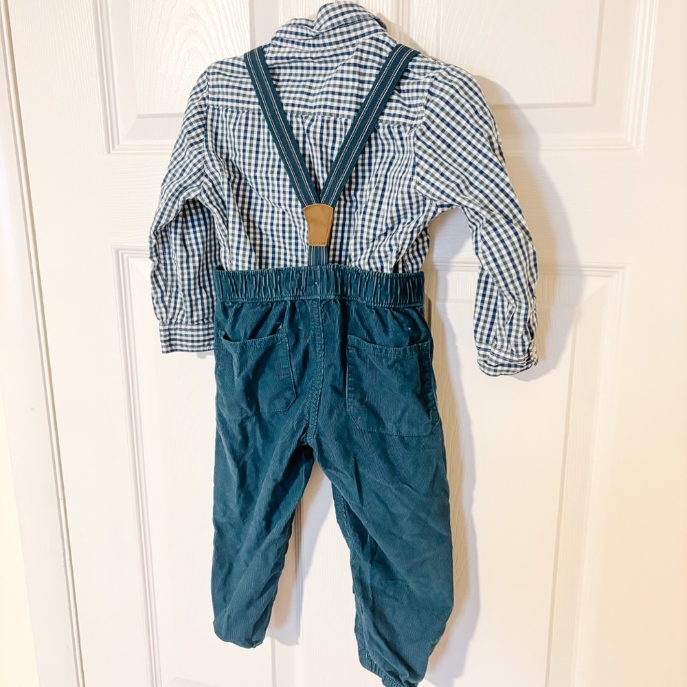 Boys 2pc Outfit Set Blue Plaid Shirt Suspenders Cords (24m/2T)